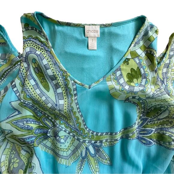 Chicos Maxi Dress Sienna Aqua Green Paisley Cold Shoulder Short Sleeve Medium - Picture 8 of 12